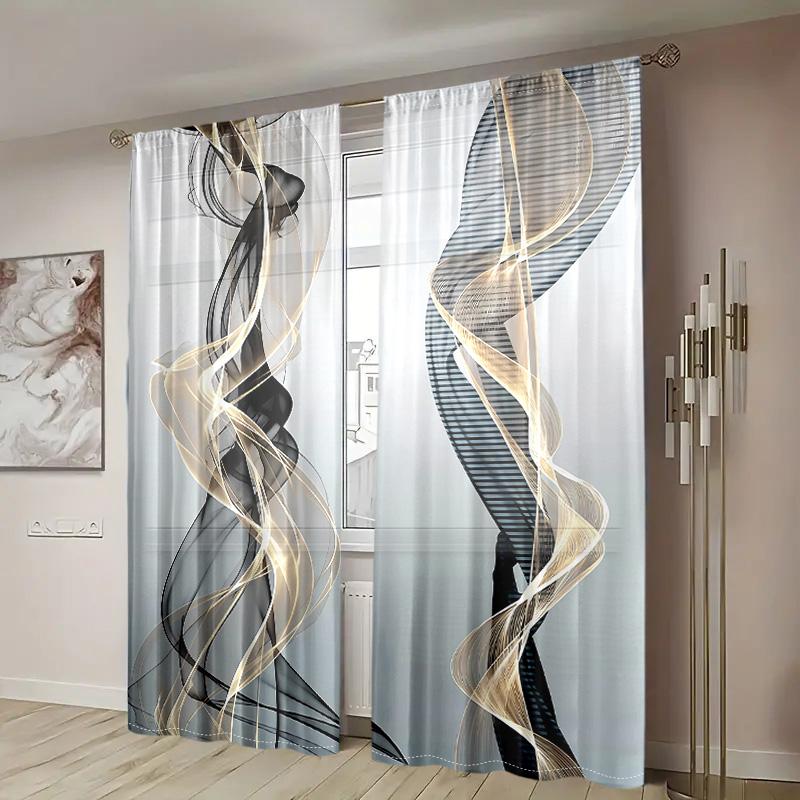 2 kusy, abstraktní estetické umělecké závěsy s potiskem linií - poloprůhledné závěsy - obývací pokoj, ložnice, domácí dekorace