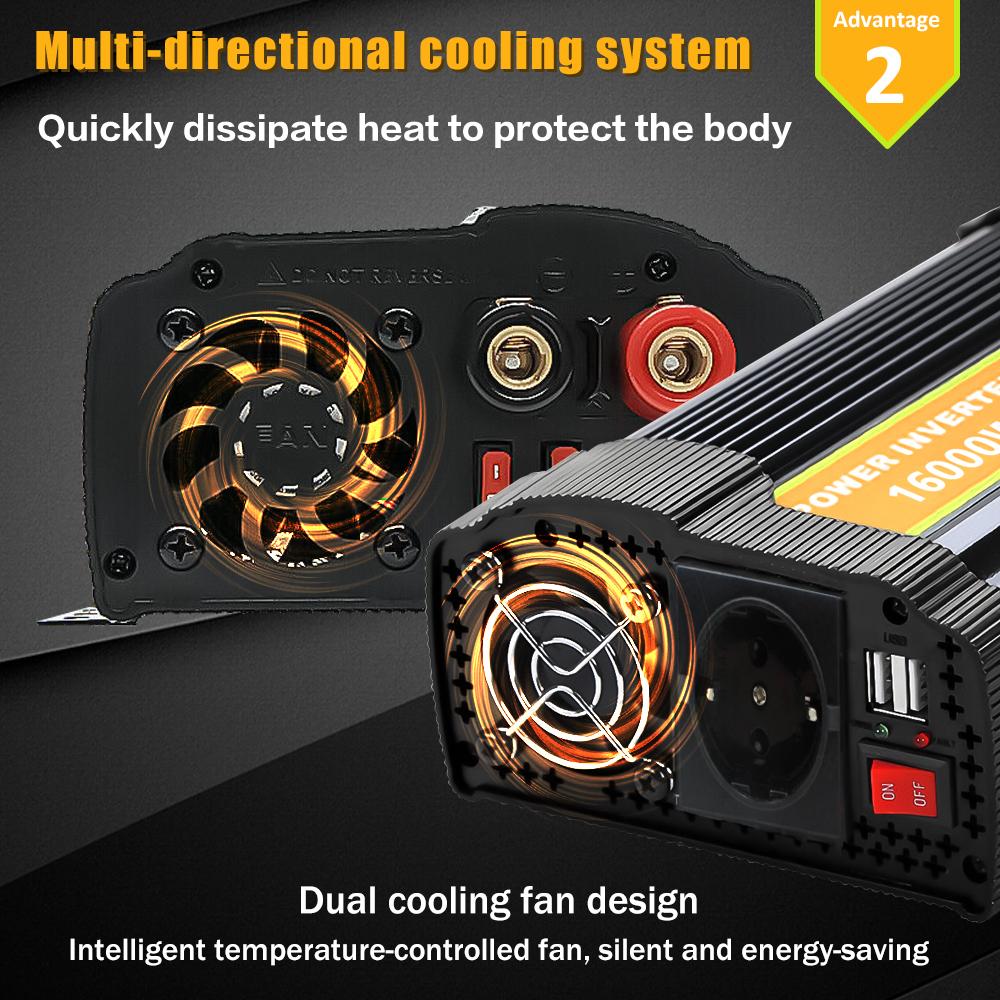 1600W Pure Sine Wave Inverter  DC 12V To 110V AC  Converter and Peak Power 3000W Car Inverter with 2.1A Dual USB Ports Quick