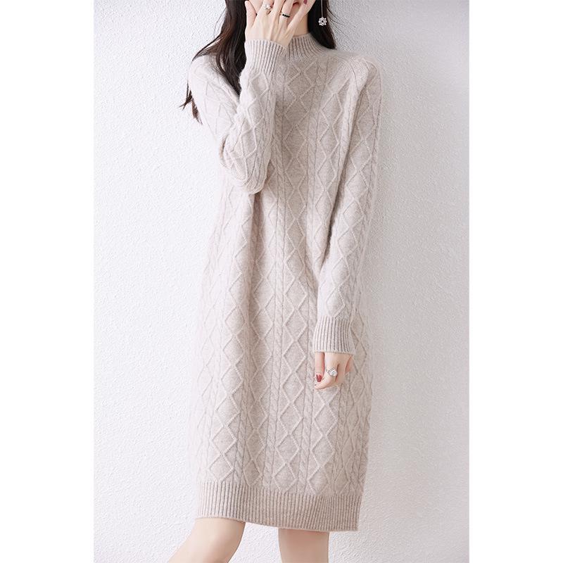 Women's Mid-Length Thickened Pure Wool Knitted Dress with Half-High Collar and Long Sleeves