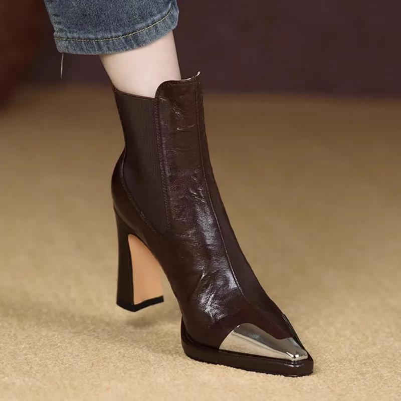 Fashion Women's Boots 2024 New Metal Pointed Toe Ankle Boots for Women Fashion Patent Leather Luxury Ladies Shoes Botas Mujer High Heels