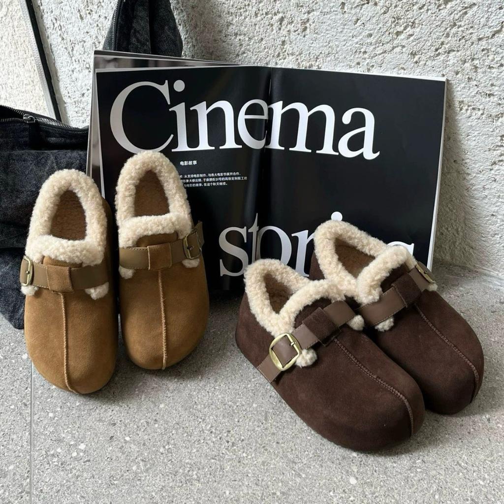 Cowhide Version All-inclusive Women's Velvet Thickened Warm Small Fashion Cotton Shoes One Pedal Lamb Wool Shoes