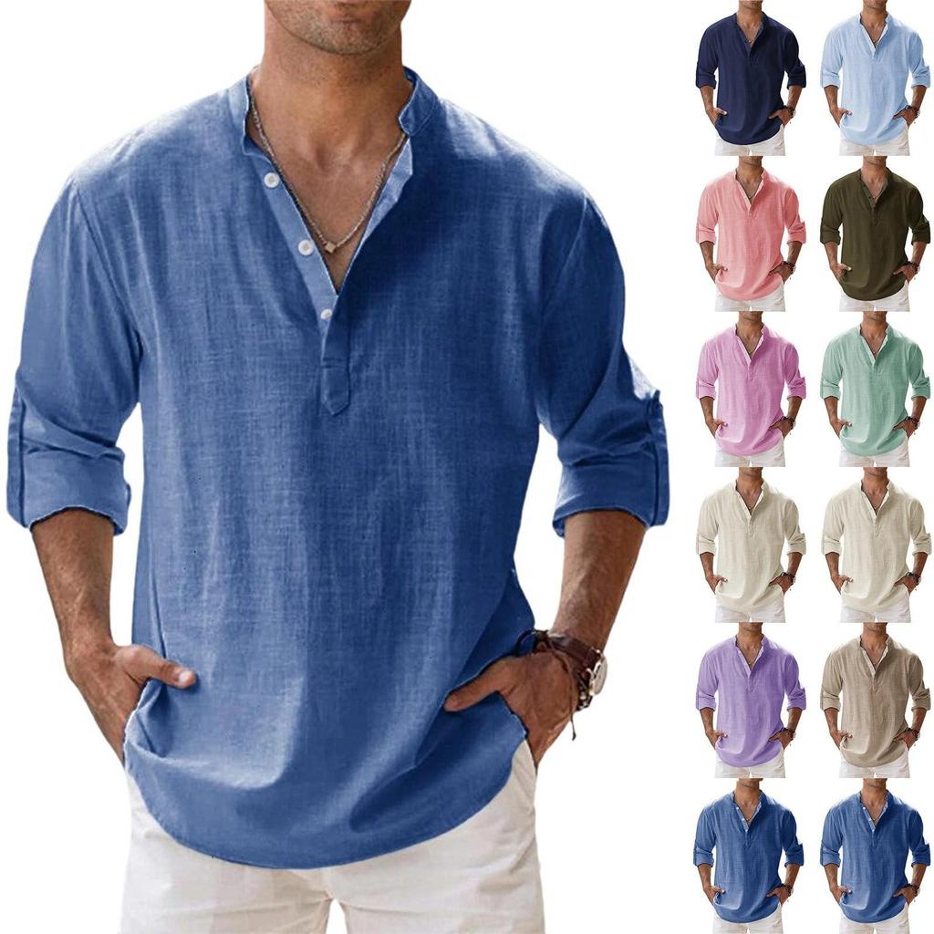 Men's Casual Loose Stand,up Collar Sweatshirt, Men's ,color Long,sleeved Cotton And Linen Shirt Top