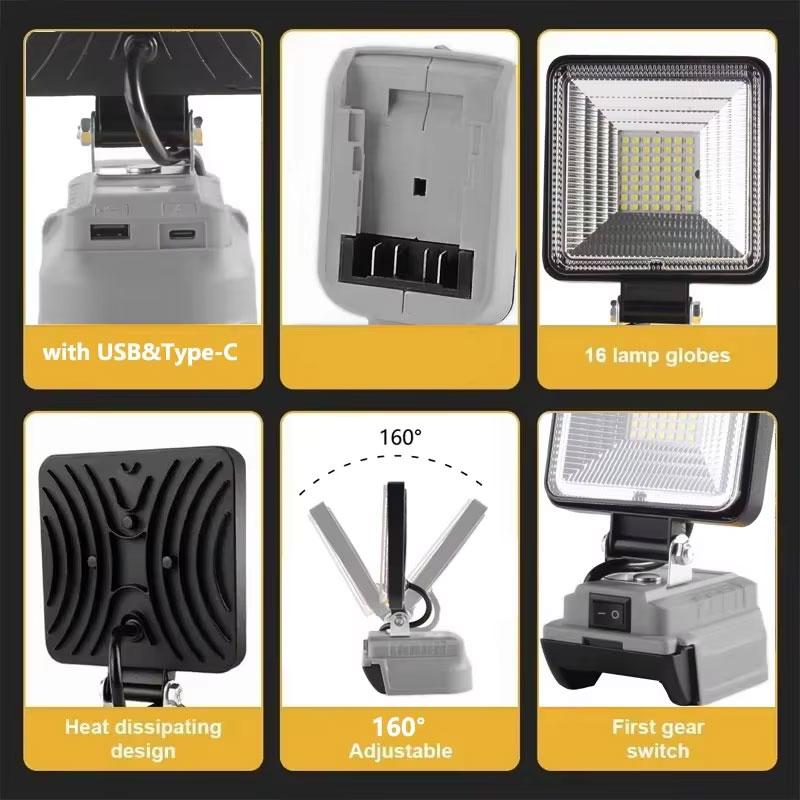 Outdoor LED Flashlight With USB Type-C Charging Port For Dewalt For Milwaukee 18V Li-ion Battery Indoor Outdoor Lighting Tool