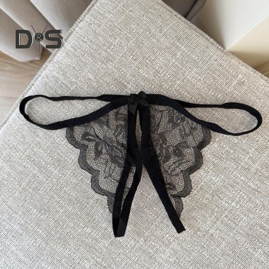 Women Panties Lace Open Crotch See through Bow knot Decor Solid Color Thongs G string Lady Low Waist Thin Intimate Women Underwear