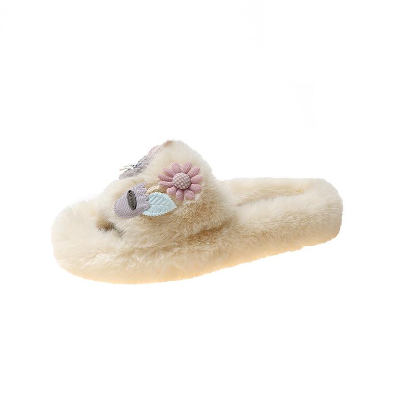 

Цветочные пушистые тапочки женские осень-зима 2025 новые милые легкие тапочки с плоским дном нескользящие модные импортные тапочки 35