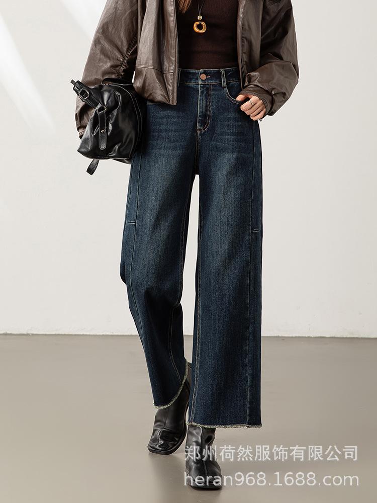 

Women s High Waist Slimming Retro Denim Cropped Pants - Autumn/Winter 2025 Flocked Small Straight Leg Jeans 28