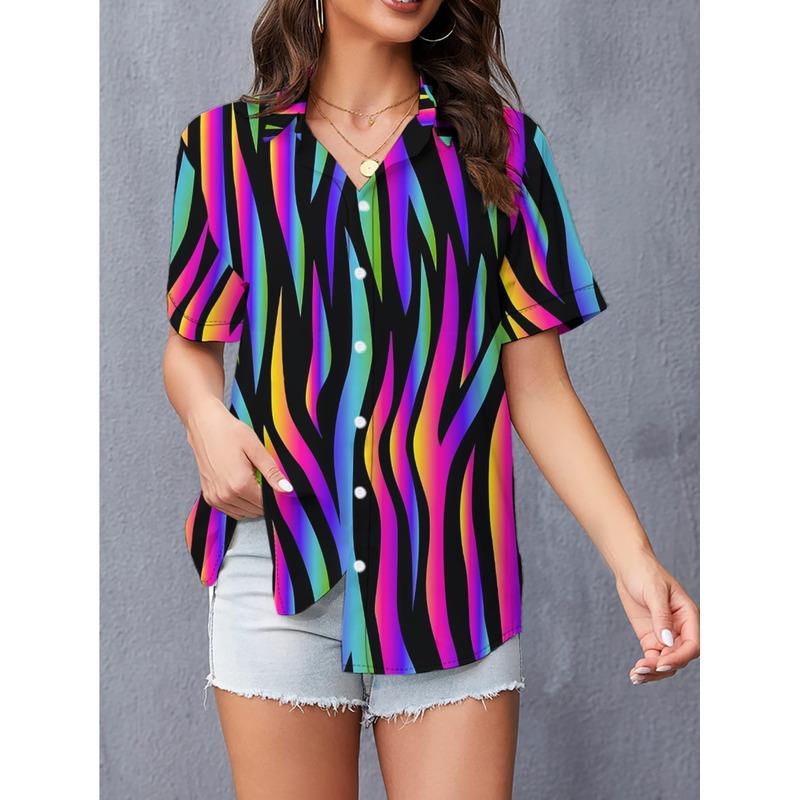 New Women'S Fashion Casual Hip-Hop Short-Sleeve Shirt with Colorful Striped Pattern for Christmas