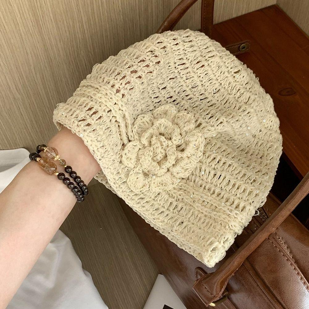 Hollow Crochet Flower Hat Glitter Sequin Knitted Hat Cute Weave Cap Apparel Accessories