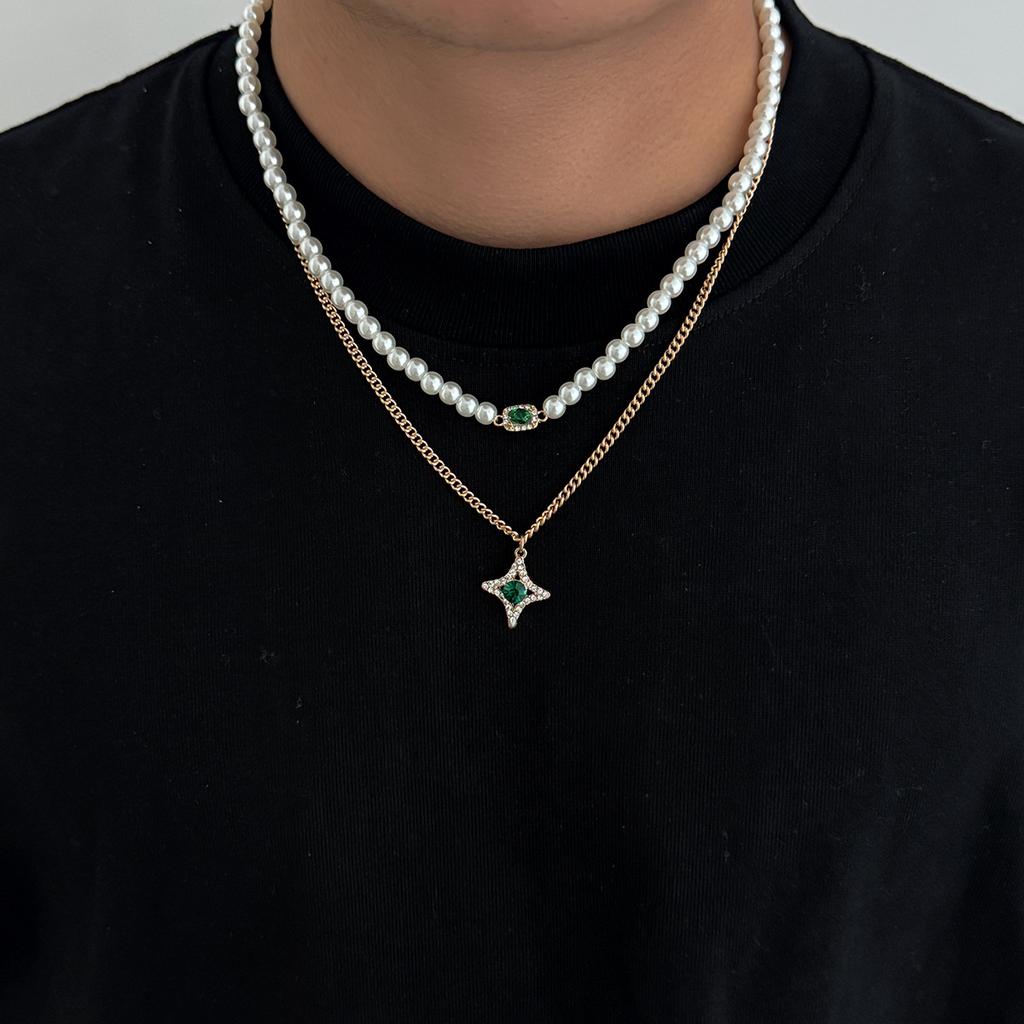 Hip Hop Pearl Diamond Necklace Set Male Tide Personality Clavicle Chain Jewelry