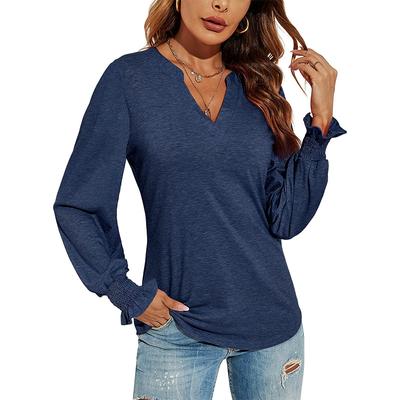 Women's Casual V-neck Long-sleeved T-shirts Ladies Fashion Slim Fit Blouses Tops Female Bubble Sleeve Shirts