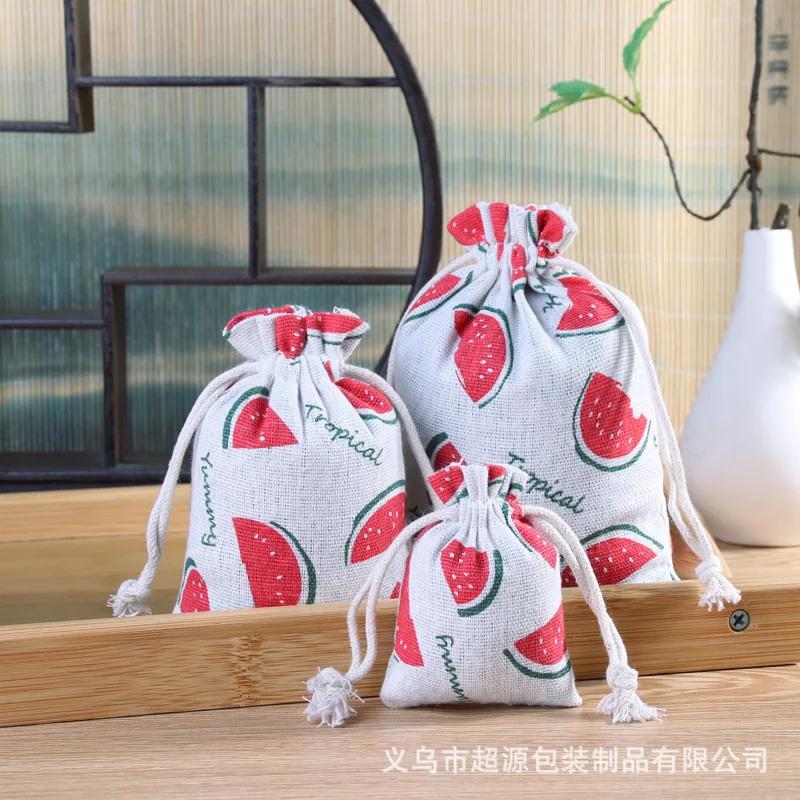 10pcs/lot Linen Drawstring pocket Cute Pattern Printed DIY wedding Candy Storage Bag Travel Makeup Cloth Shoes Sundries Storage