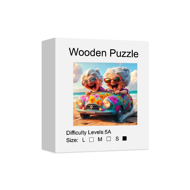 Wooden Puzzle For Adults,Happy Old Lady Wood Puzzles, Irregular Shaped Unique Wooden Jigsaw Puzzle,  Modern Art Home Decor