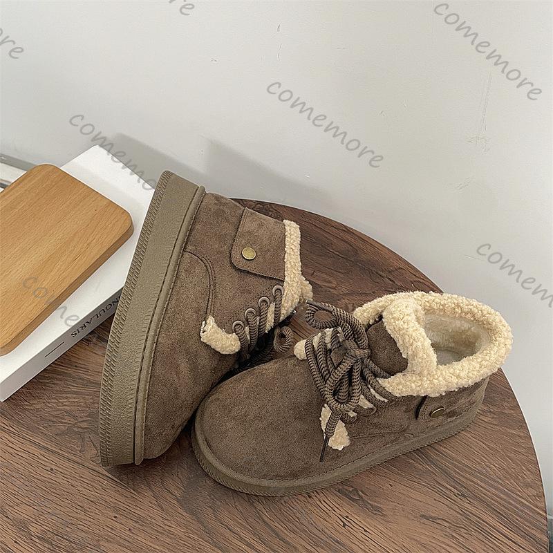 Comemore Bread Snow Boots Women Winter Casual Padded Thickened Shoes for Women Flat Bottom Lace Up Platform Warm Cotton Shoes