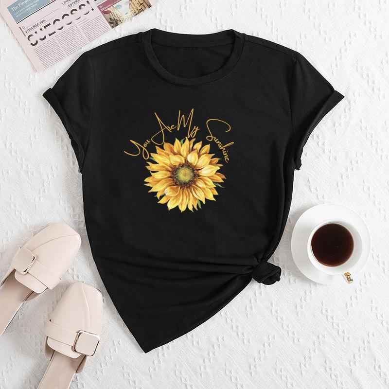 Summer Women's Fashionable Sunflower Print Short Sleeved Casual Loose Cotton Round Neck Top