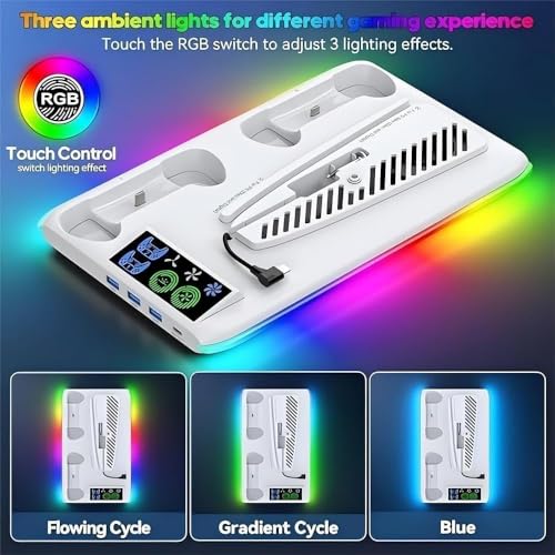 [Compatible with PS5/Slim/Pro] PS5 3 USB + 1 Type-C Charging Stand with Vertical Cooling Fan, Dual Controller Charging Station with LED Lights and Con