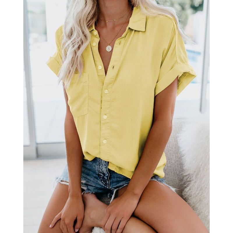 Women S Short Sleeve Button Up Solid Color Casual Shirt