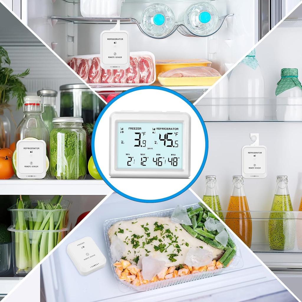Refrigerator Thermometer with Freezer Alarm - Temracha Wireless Fridge Thermometer with Alert, Backlight MAX/MIN Record for Kitchen Home Restaurant