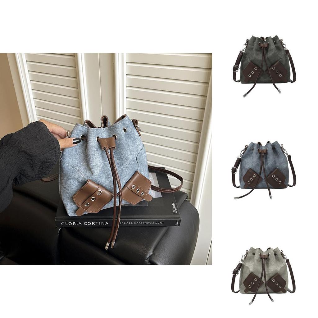 Fashion Splicing Design Drawstring Women Shoulder Bag For Casual Outings
