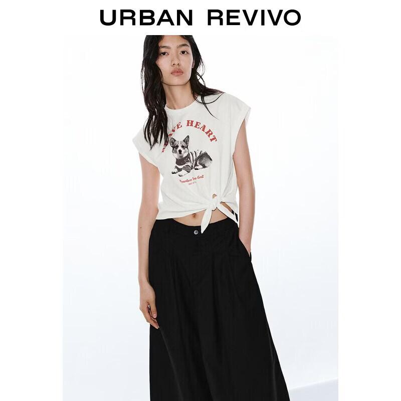 Women s Casual Puppy Print Knot Hem T-shirt S грязно-белый