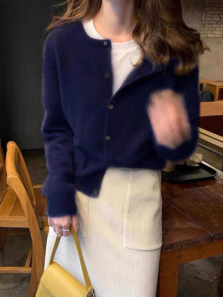 2025 A/W Women's Knit Cardigan: Round Neck, Long Sleeve, Loose Wool Pullover, Comfortable Solid Color Sweater