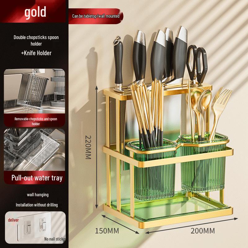 Wall-Mounted Multifunctional Cutlery Rack: Integrated Chopstick Holder & Knife Organizer with Drainer