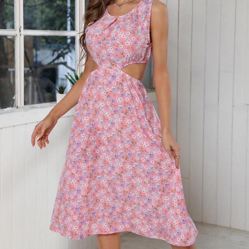 Frauen Sommer Sexy Neckholder Taillenlos Ärmellos Hohe Taille A-Linie Chiffon Blumenkleid S-XL