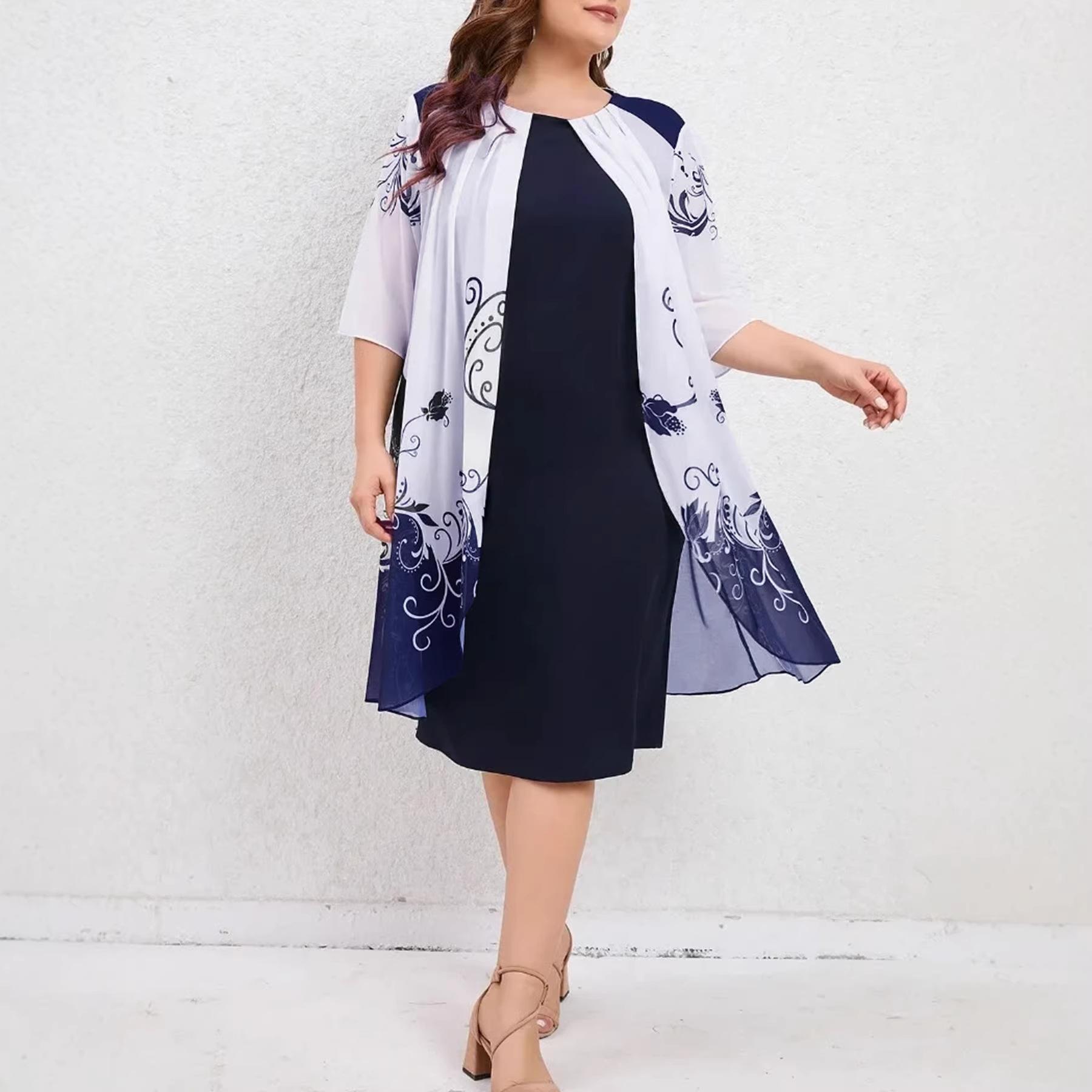 

Spring and Summer New Style Large Size Printed Round Neck Loose-Fitting Slimming Casual Concealing Fat Clothing Dress 5XL темно-синього кольору