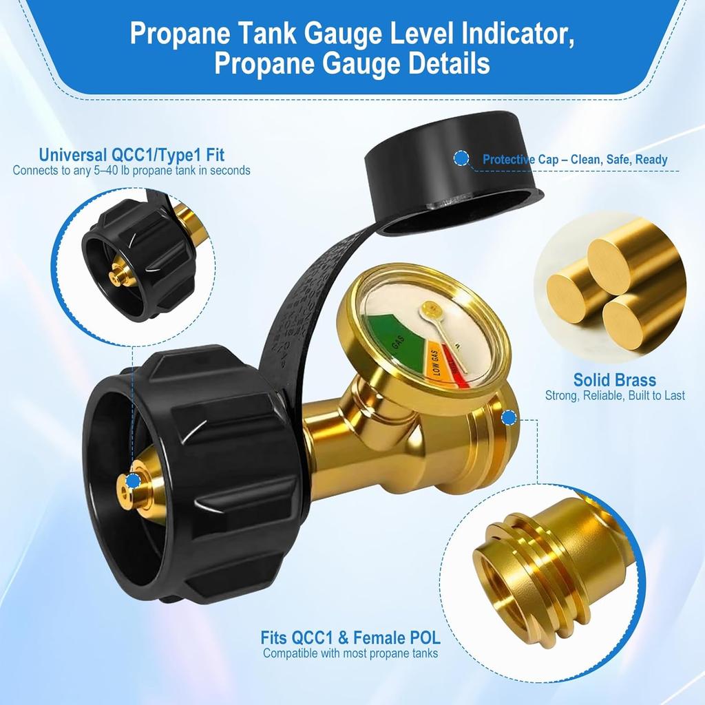 Propane Tank Gauge,Propane Tank Gauge Level Indicator,Universal Propane Gauge For 5-40 Lb LP Tank,Color-Coded Gas Pressure Meter & Leak Detector