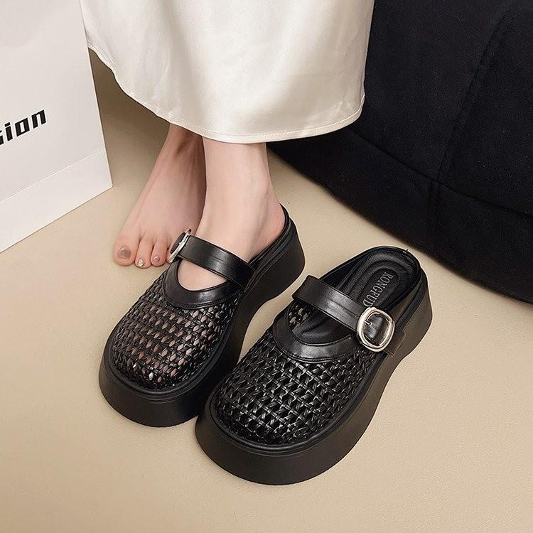 Thick-soled Mary Jane shoes leather woven bag head slippers women's summer wear with skirt sandals hollow hole pig cage shoes