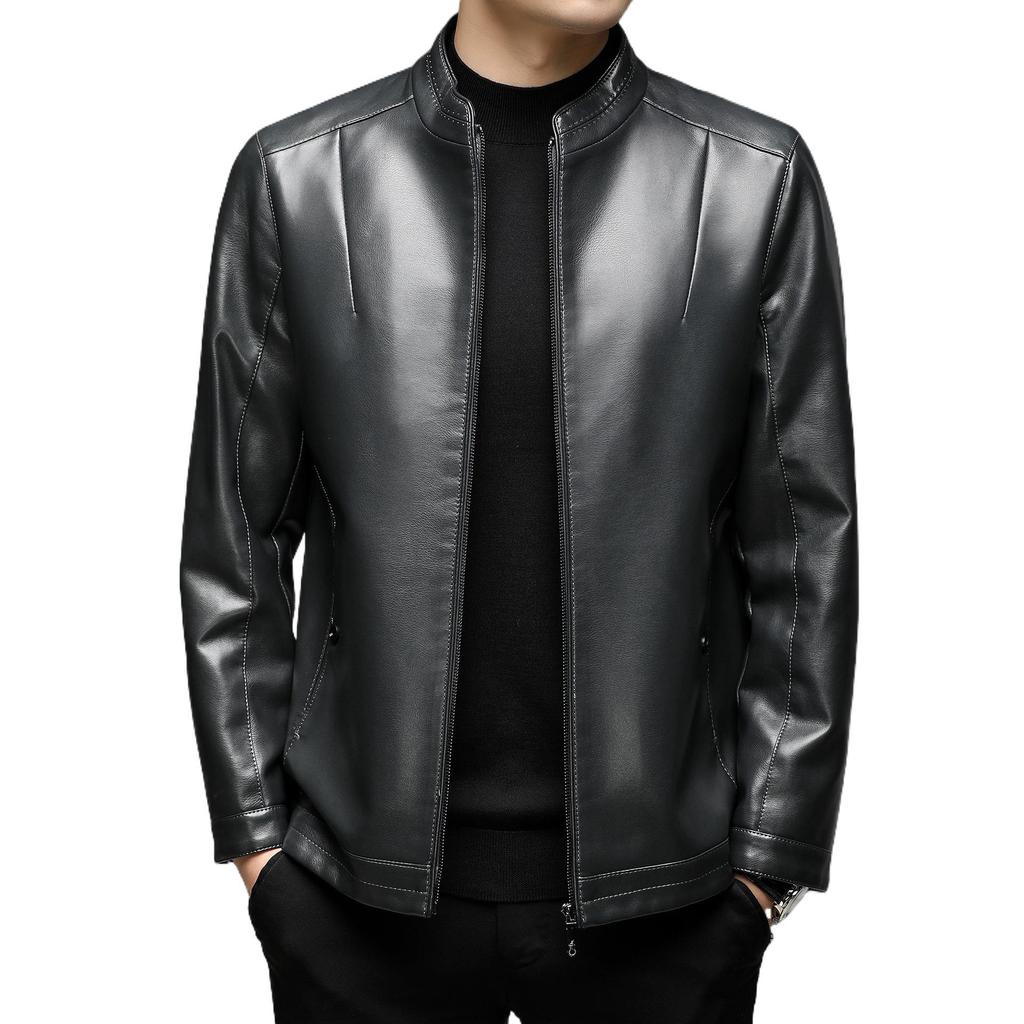 Men's Stand Collar Leather Jacket Autumn and Winter New Velvet Men's Leather Jacket PU Middle-aged Leather Jacket Men's Clothing
