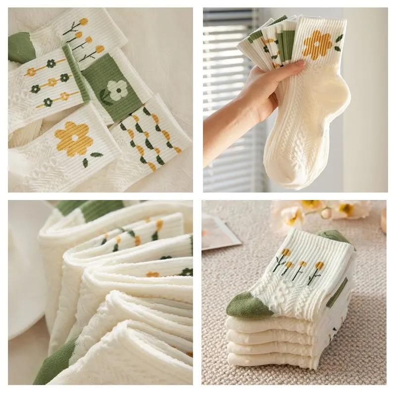 5 Pairs Flowers Socks White Cute Little Sweet Style Summer Breathable Pure Cotton White Mid Tube Green Floral Socks Women Krean