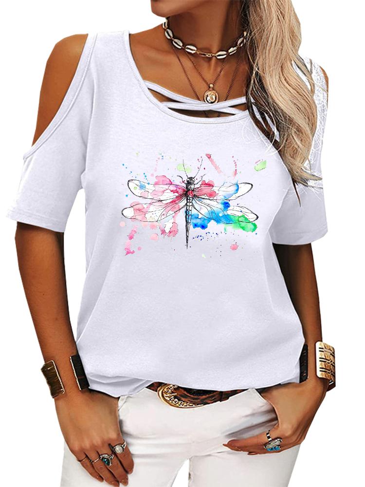 Women Fashion Short Sleeve T-shirt Casual Round Neck Summer Tee Shirt Print Off Shoulder Top