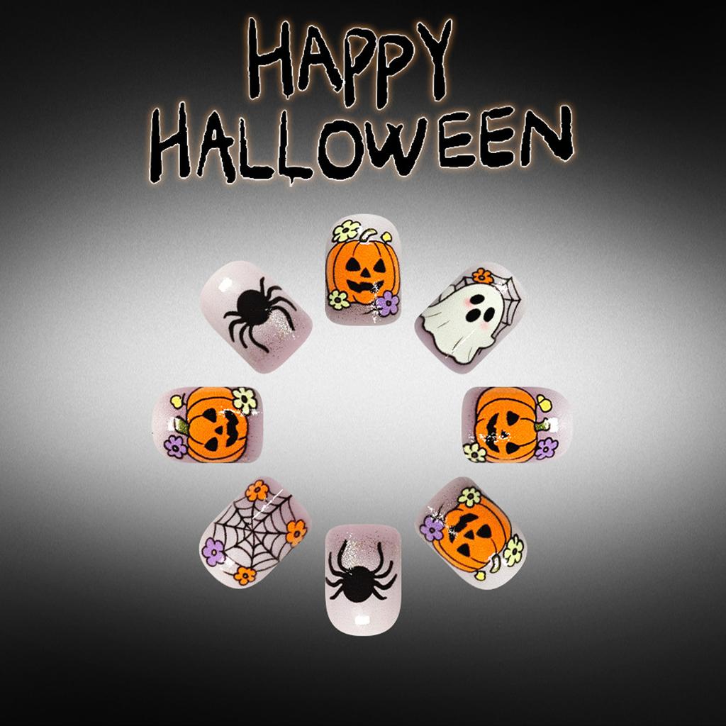 Spider-Web Ghost Pumpkin Glitter Press On Nails 24 Pieces Resin Square Shape Halloween Party Wearable Nail Set for Women Teens