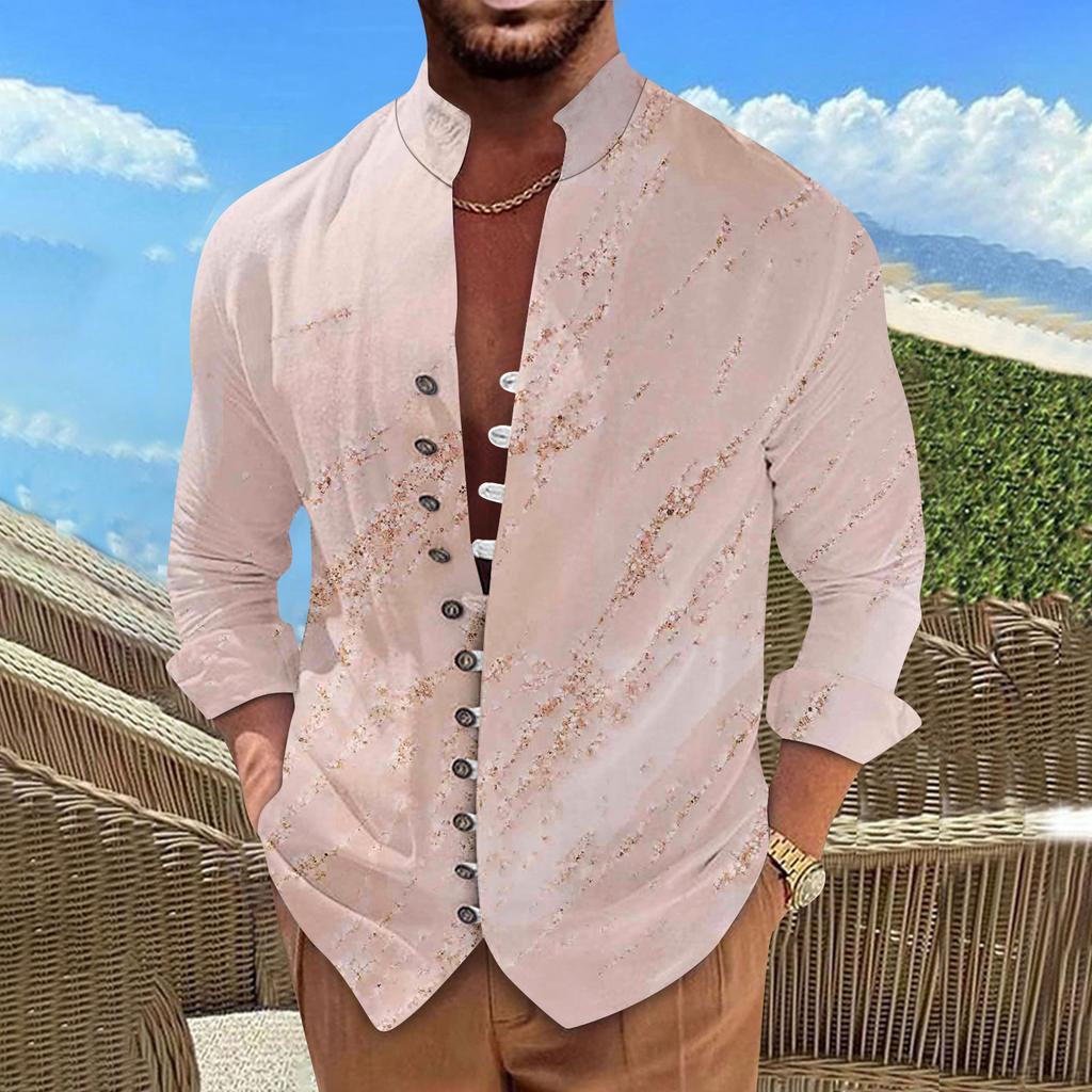 Men'S Retro Casual Loose Fitting Long Sleeved Printed Shirt Fashion Standing Collar Top