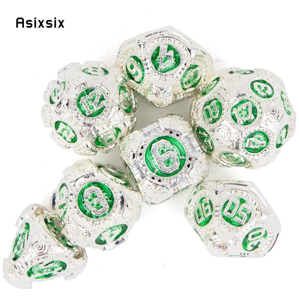 7 Pcs White Green Gear Wheel Metal Dice Solid Metal Polyhedral Dice Set Suitable for Role-Playing RPG Board Game Card Game
