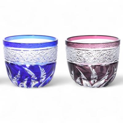 Mizukage Kiriko Pair Glasses Cups for Cold Diameter 60 X Height Obi Shibori Blue Bishou Current Model J-kitchens Sake, 50mm, 70cc, & Purple,