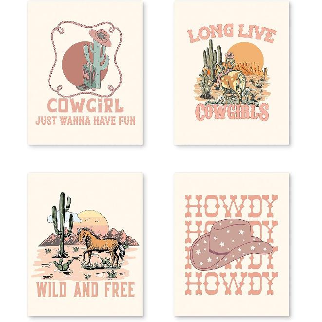 PUHEI Retro Western Howdy Cowgirl Wall Art Prints Set of 4,Western Nursery Decor Girl, Western Room Decor For Teen Girls, Cowgirl Nursery Decor
