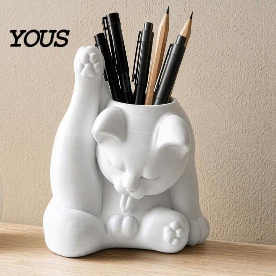 Cat Pen Holder Holder, Cute Resin Desk Organizer, Funny Figurine, Themed Stationery Decorative Storage Statue for Office Supplies, Creative