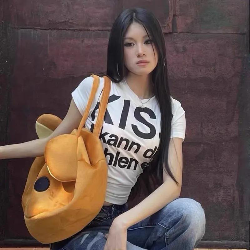 

Японська футболка з літерним принтом Y2k Укорочений топ у стилі 2000-х, вінтажна футболка Harajuku з коротким рукавом, американське ретро 90-х S білий