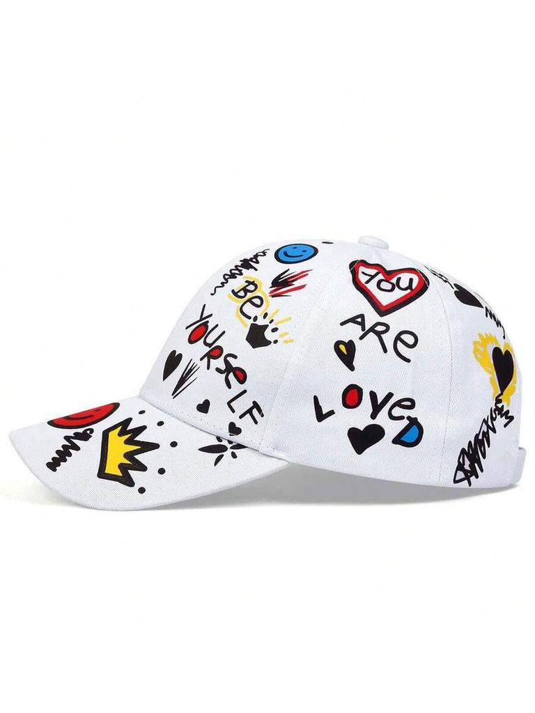 Mens Graffiti Print Baseball Cap With Smiley Face Adjustable Outdoor Sun Protection Hat