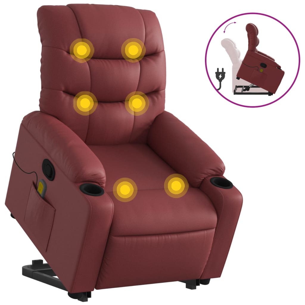 Massage Recliner with Rising Function Burgundy Artificial Leather