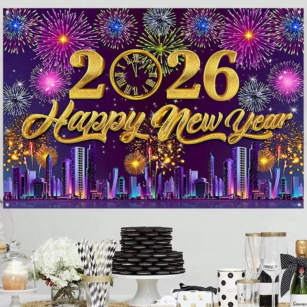 Shiny 2026 New Year Backdrop Banner Black Gold Celebration Banner  Outdoor Party