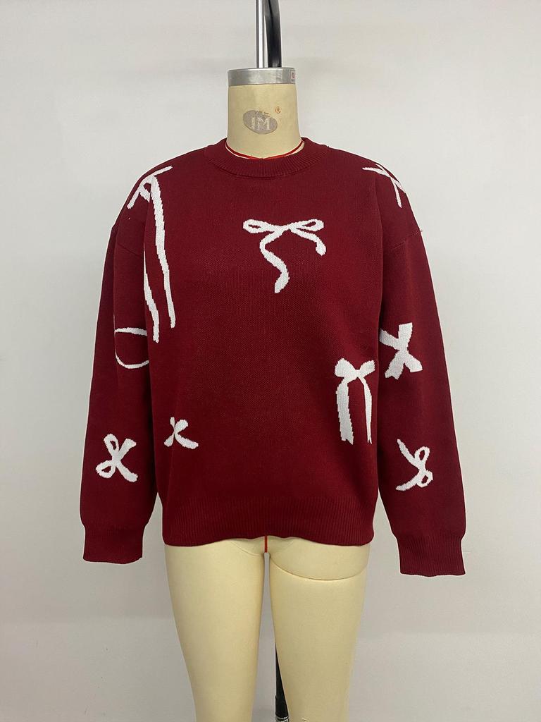 2026 Autumn/Winter Christmas Bow Jacquard Long Sleeve Sweater for Women