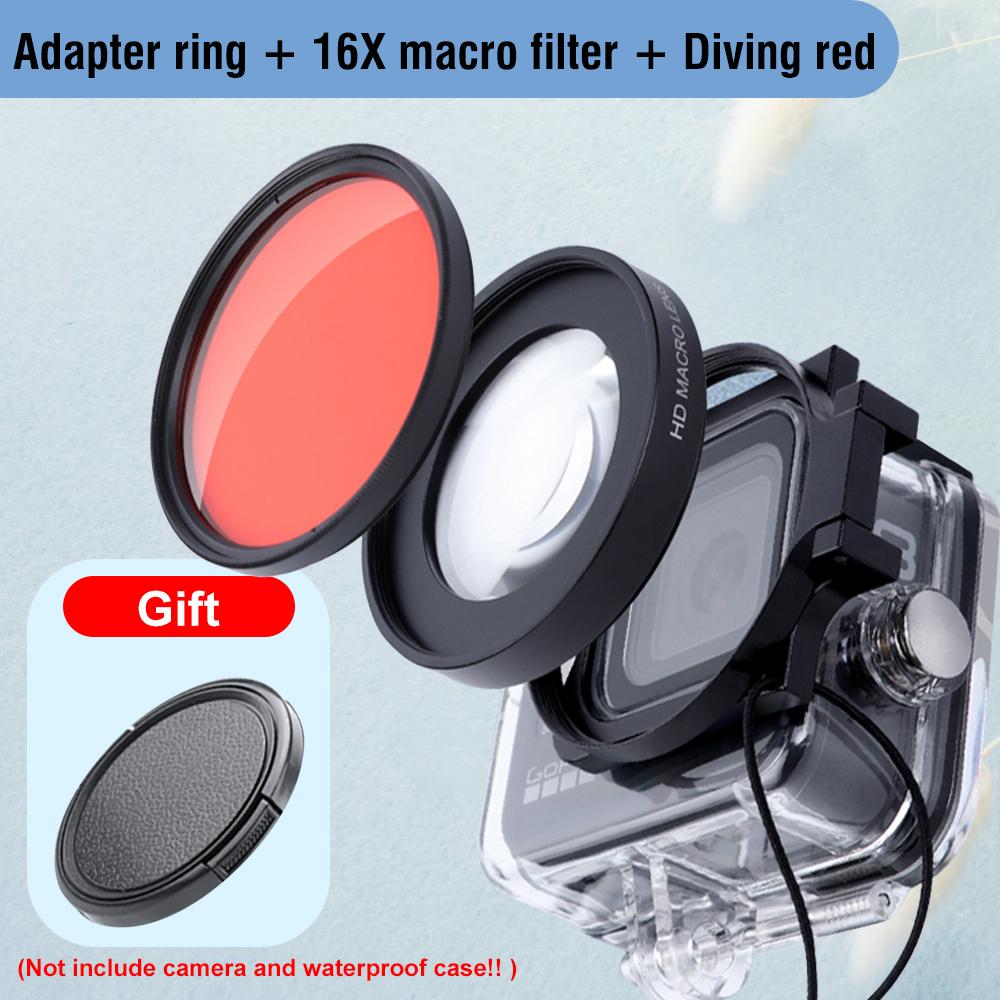 16X Macro HD Filter for GoPro 11 10 9 8 Black Waterproof Case Diving Red Purple Filter + Lens Cap + 58mm Adapter Ring