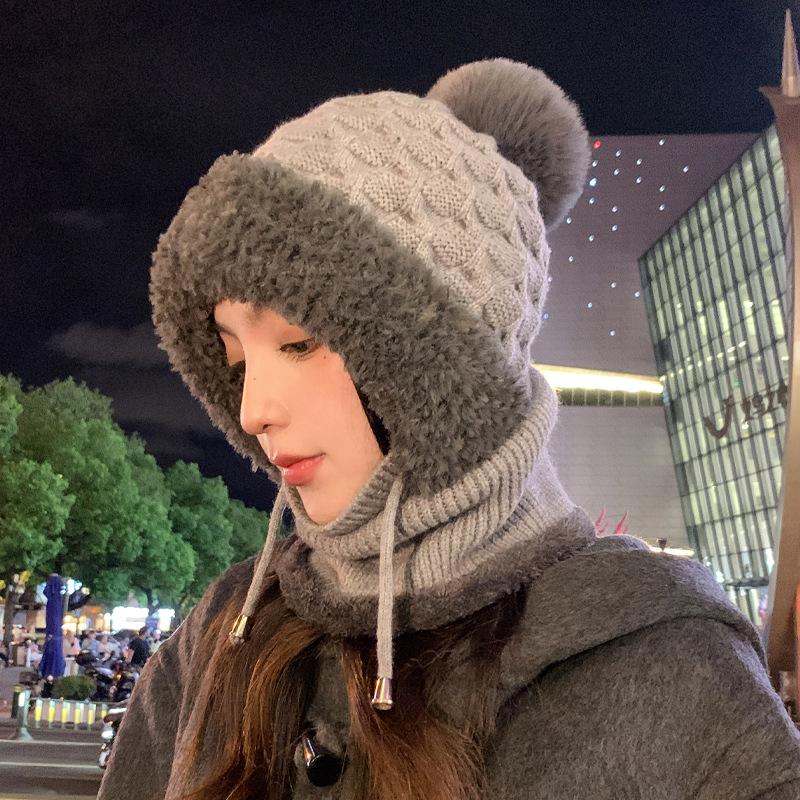 New Autumn and Winter Hats for Women Knitted Wool Scarf Integrated Hats for Winter Warm Plus Velvet Head Hats for Cold Protection Ear Protection Hats