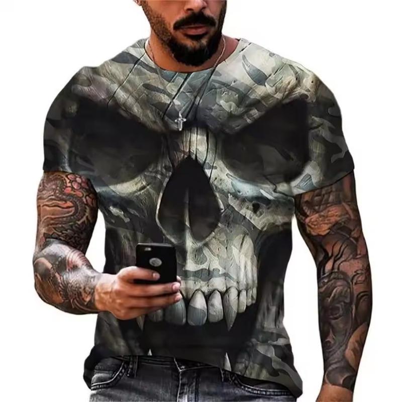 Men's Casual T-Shirt Skull Graphic Black Short Sleeve Crew Neck Tee Cool Streetwear Halloween Fashion Top