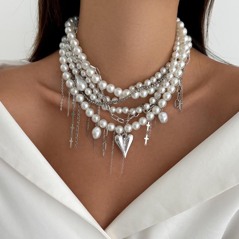 Kadınlar İçin Zarif Çok Katmanlı Sahte İnci Choker Kolye Vintage Yaratıcı Püsküllü Kolye Düğün Takıları