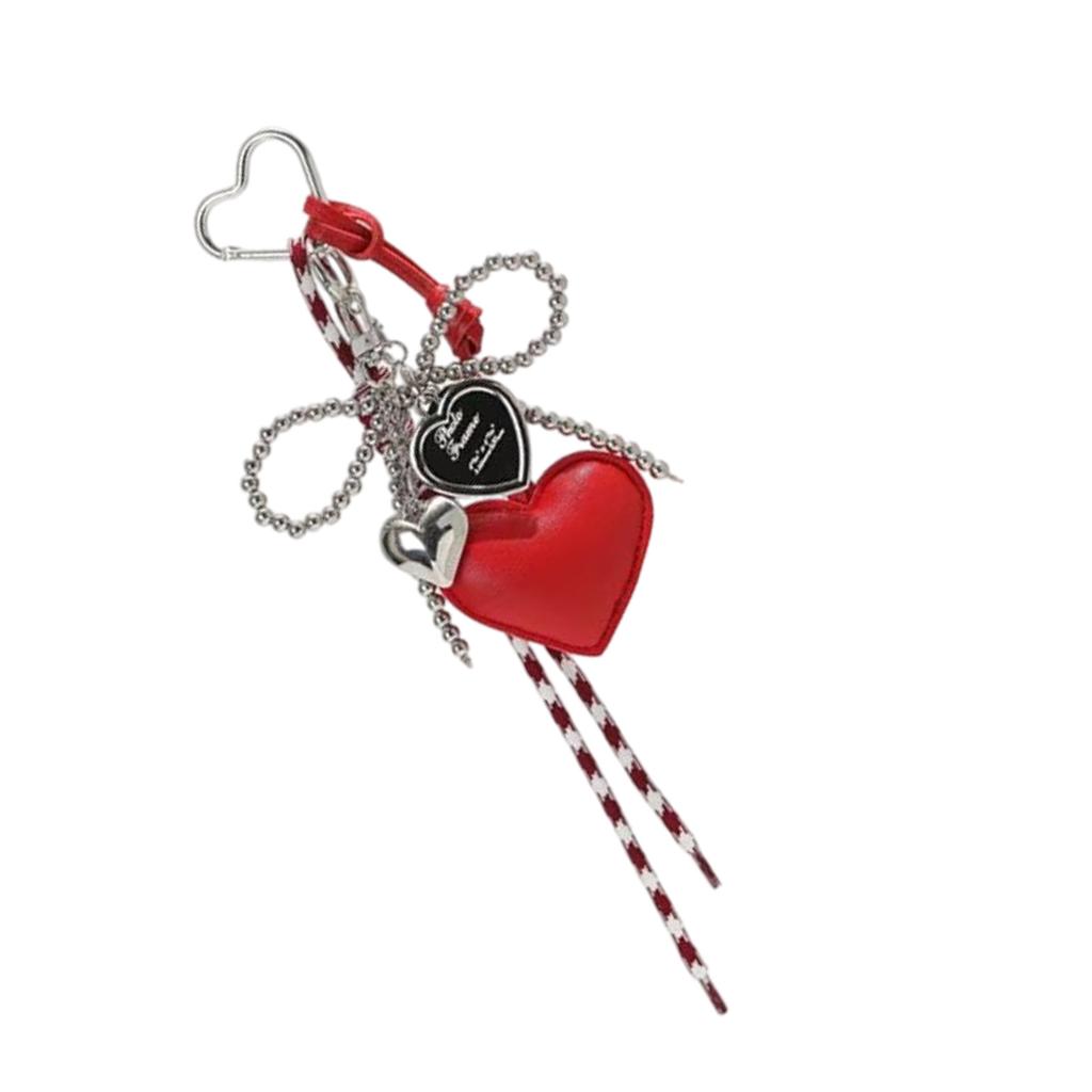 Glossy Leather Heart Keychain Faux Pearls Bowknot Braided Rope Car Keyring Bag Charm Gift Accessory for Women Girls