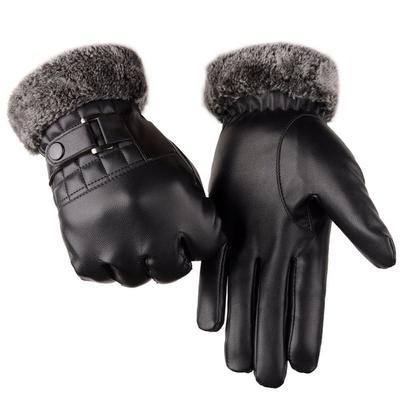 Men Windproof Plus Velvet Faux Fur Gloves Leather Mittens Touch Screen Gloves Thicken Warm