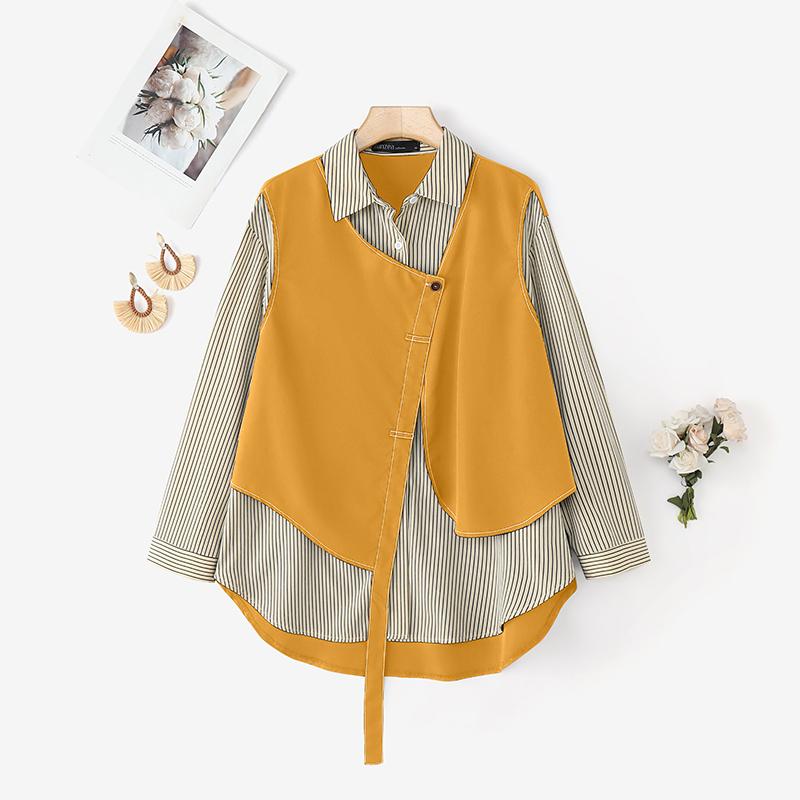 ZANZEA Women Casual Stripe Print Patchwork Loose Long Sleeve Blouse